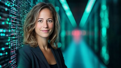 Poster - Confident Female Professional in Tech Data Center Background Portrait