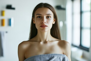 Close-up portrait of a beautiful young woman with natural beauty and soft faded colors in a serene indoor setting