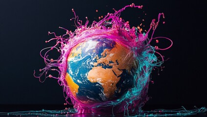 Poster - Vibrant Pink and Teal Paint Splashing Around Earth Globe Abstract Digital Art