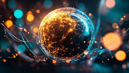 Fototapete - Global Network Sphere Abstract Futuristic Technology Concept with Illuminated Connections
