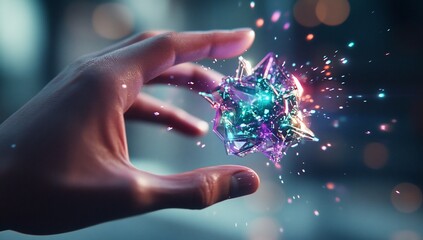 Aufkleber - Futuristic Crystal Orb Held in Hand Abstract Digital Art Glowing Energy Innovation