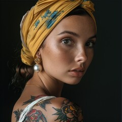 Wall Mural - Beautiful woman with the pearl earring who has tattoos. black background.