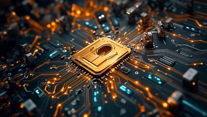 Leinwandbilder - Secure Data Encryption Golden Padlock on Illuminated Circuit Board
