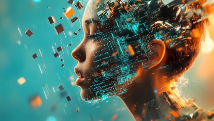 Aufkleber - Futuristic Child Profile with Digital Data Stream Overlay AI Technology Innovation Concept