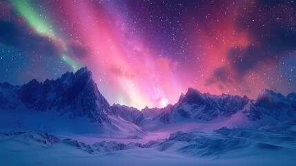 Poster - Breathtaking northern lights in the sky over snowy mountains, vibrant colors.