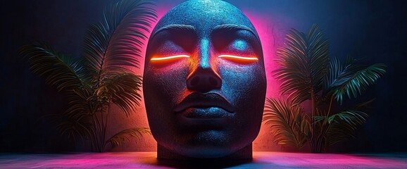 Canvas Print - Serene stone head illuminated by neon lights, framed by tropical plants.