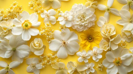 Poster - A radiant collection of white and yellow spring flowers spreads out beautifully, showcasing their delicate forms and cheerful colors. This enchanting arrangement brings warmth and joy