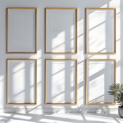 Fototapete - A set of six blank picture frames on the wall, each frame is white with thin gold trim around it, simple and minimalistic.