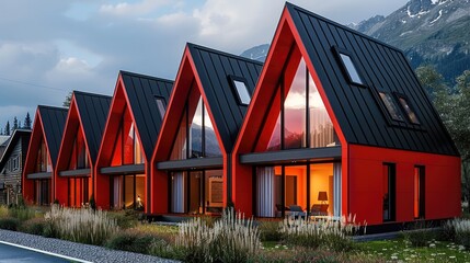 Poster - All red modern A-frame townhouses.