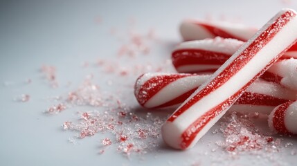 A delightful arrangement of candy canes, showcasing their bright red and white stripes surrounded by glittering sugar crystals on a light backdrop.