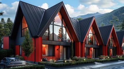 Poster - All red modern A-frame townhouses.