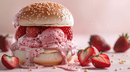Poster - Pink strawberry and cream burger, covered in white glaze sprinkled with seeds, with pink ice cream melting on top of the bun, surrounded by strawberries, on a light pink background.