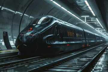Poster - modern high speed train exiting a dark tunnel on a rainy day, showcasing futuristic transportation t