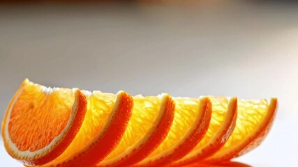 Aufkleber - Fresh orange slices arranged in a sequential line highlight their juicy texture and radiant colors. The vibrant orange hue shines under bright light, creating an appealing visual effect.