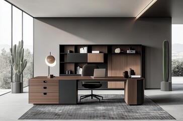 Black and white geometric rug in a modern home office with gray walls, an industrial-style desk and sofa, green plants on shelves