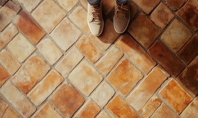 Sticker - Brown terracotta brick floor tiles pattern background, top view