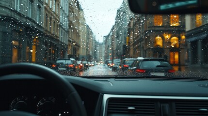 Aufkleber - Rain droplets streak across the car windshield as the vehicle glides through dimly lit city streets. Reflections shimmer on wet pavement, creating a serene atmosphere on this gloomy evening