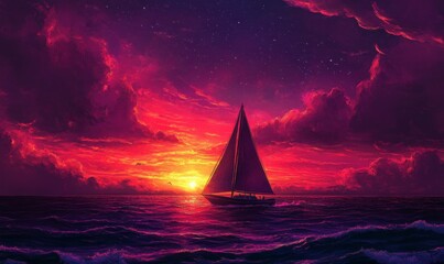 Sticker - Boat In front of a sunset red sky, sunset in the sea Colorful dramatic Sky with clouds and waves in sunset sky purple light cloud background