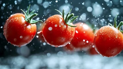 Poster - Red tomatoes hover in midair with water droplets exploding around them, creating a dynamic scene that highlights freshness. The background remains dark to enhance the visual impact of the tomatoes.