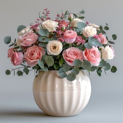 Aufkleber - A beautiful arrangement of roses, pink and white flowers with greenery in an elegant round ceramic vase on an isolated background.