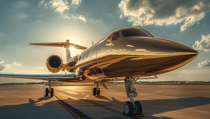 Poster - A luxurious gold private jet parked on the runway, The jet glimmers in the sunlight under a clear, vibrant blue sky with scattered clouds.