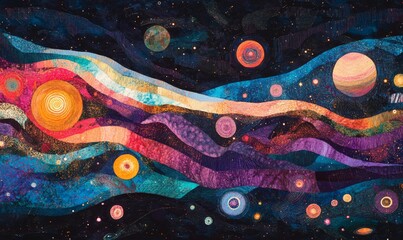 Wall Mural - bright colors dance across the night sky swirling patterns of light enveloping planets and asteroids