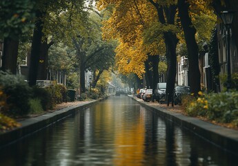 Sticker - Serene autumnal canal scene with colorful foliage lining the waterway.