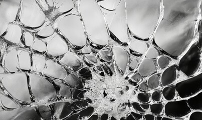 Broken glass showing intricate spiderweb pattern in detail
