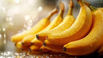 Poster - A vibrant cluster of fresh yellow bananas rests on a reflective surface, glistening with moisture. The lighting enhances their rich color, inviting a sense of freshness and vitality.