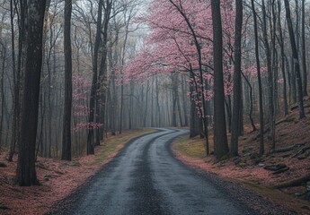 Sticker - Misty road winding through a forest with pink trees.