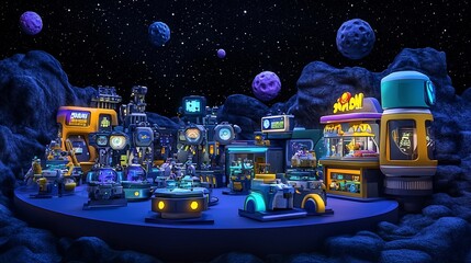 Wall Mural - futuristic robot city on an alien planet at night.