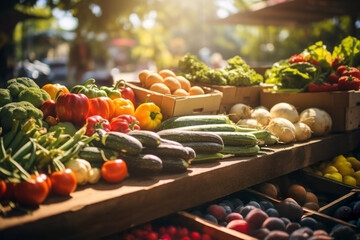 Wall Mural - Farmers market with variety of fresh vegetables and fruits. Local producers marketplace. Ripe, juicy organic food. Outdoor grocery store