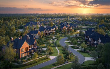 Canvas Print - Sunset over a suburban neighborhood with winding roads and houses.