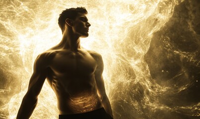 Poster - Muscular Man Golden Light Abstract Background Portrait