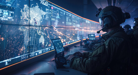 Wall Mural - The operators with headgear, goggles sitting at control booths, incredibly detailed screens with maps of cities and Military officers sitting at control booths in front of a large screens.