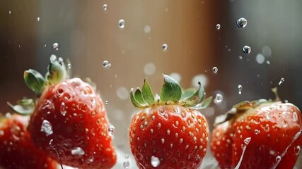 Poster - Fresh strawberries burst through the surface of clear water, creating dynamic splashes and bubbles. The vivid red fruit contrasts beautifully with the transparent liquid, engaging the senses.
