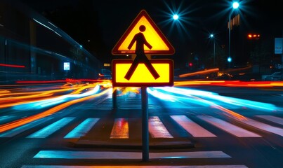 Canvas Print - Night City Pedestrian Crossing Light Trails