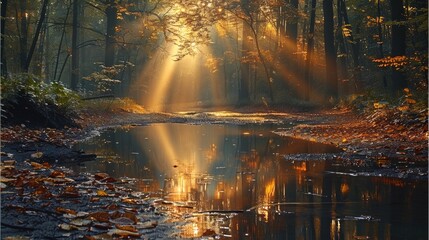 Poster - A path in the forest in autumn crossed by rays of light. Reflections in the water. Dense forest.