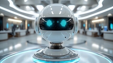 Poster - Futuristic robot head on a pedestal in a modern office.