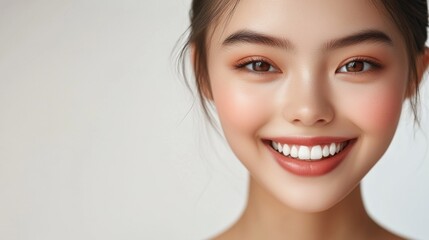 Wall Mural - Bright smile of a young woman showcasing natural beauty and warm personality against a soft neutral background during daylight hours