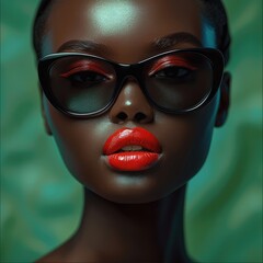 Wall Mural - Black girl wearing sunglasses and red makeup with green background.