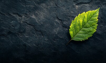 Fresh green leaf on dark textured background, symbolizing nature resilience