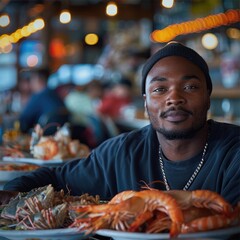 Sticker - A black man sitting at a seafood restaurant sitting at a table full of lobster, shrimp, crab, fish.