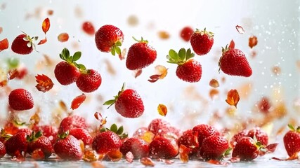 Aufkleber - Fresh, ripe strawberries are in mid-air, surrounded by colorful petals and droplets, creating a dynamic and lively display. The bright scene captures the essence of summer flavor and vibrancy.