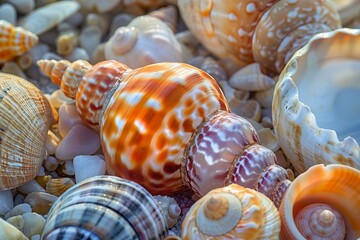 Poster - Variety of seashells glistening under the sunlight on a beach, creating a beautiful natural display