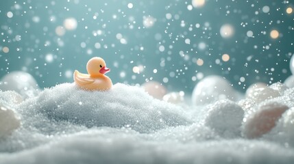 Poster - Yellow rubber duck in snowy winter scene.