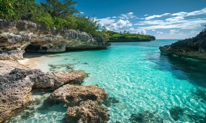 Wall Mural - Clear turquoise water gently laps against rocky shoreline at beach