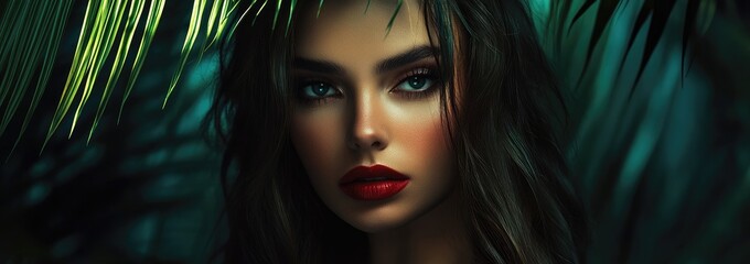 a model with beautiful makeup and red lipstick, set against a dark background with lush green palm leaves