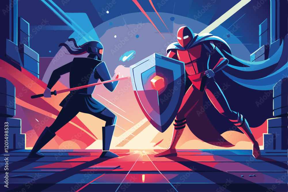 Hacker vs Defender landscape vector illustration, A stylized duel ...