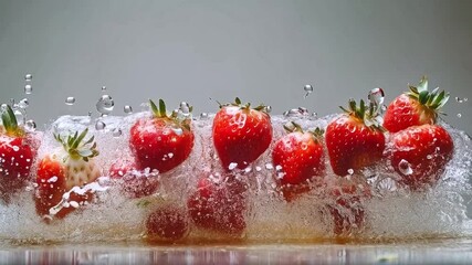 Poster - Fresh strawberries are dramatically bursting through the surface of clear water, creating a stunning splash effect.
